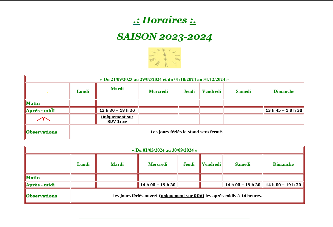 Horaires stand 2023 2024